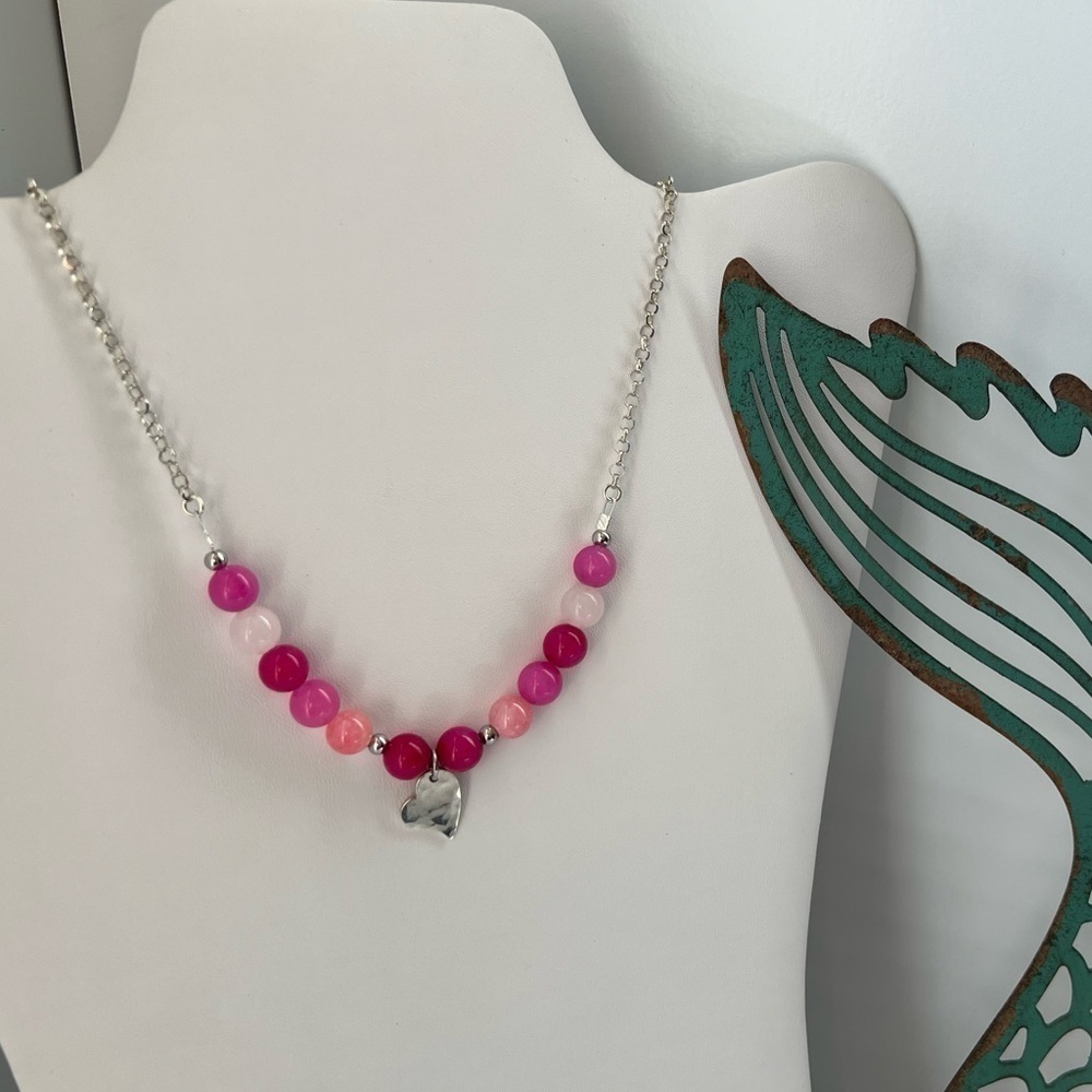 Artisan Shades of Pink Jade Gemstone Sterling Silver Necklace with Heart Charm